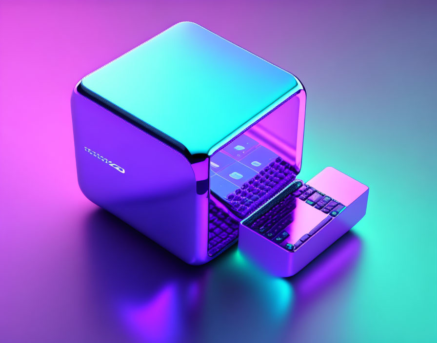 Futuristic cube design computer with illuminated keyboard and neon lighting