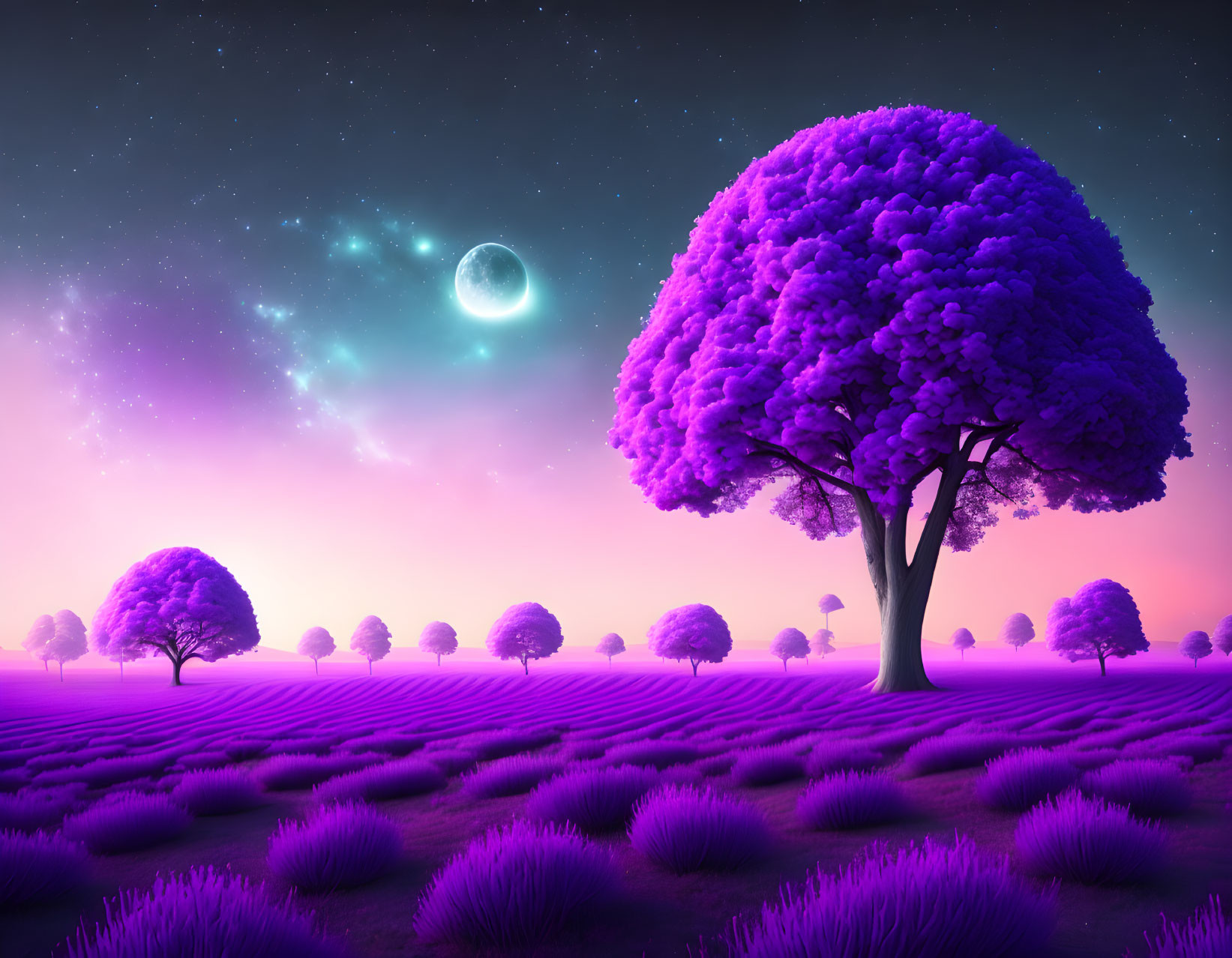 Vibrant purple trees and lavender field in surreal twilight landscape