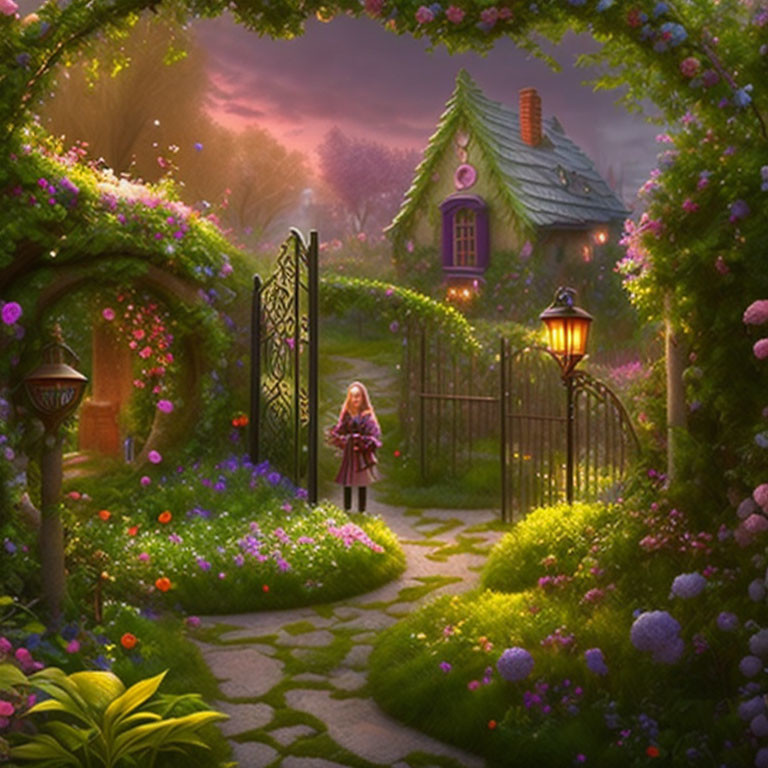 Young girl at ornate gate of cottage in twilight garden