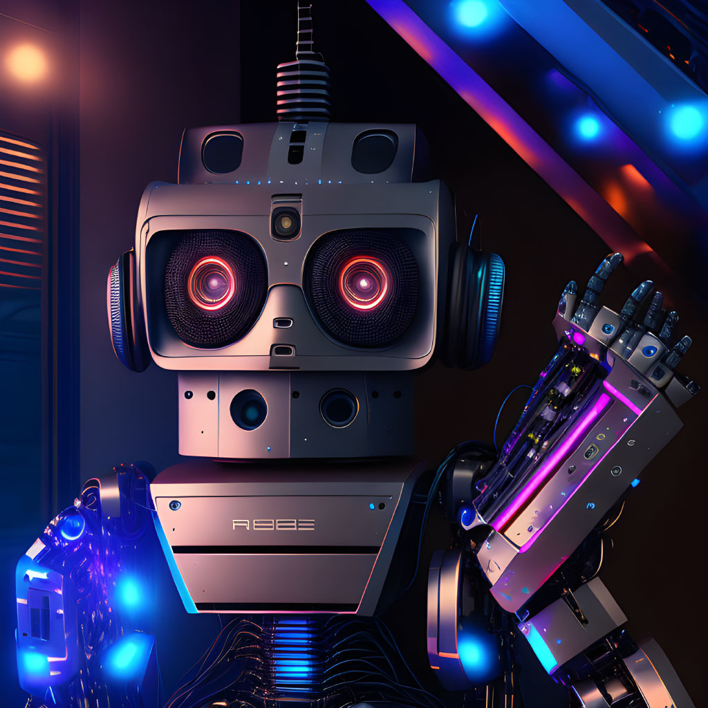 Futuristic robot with speaker-like eyes and headphones in neon-lit setting