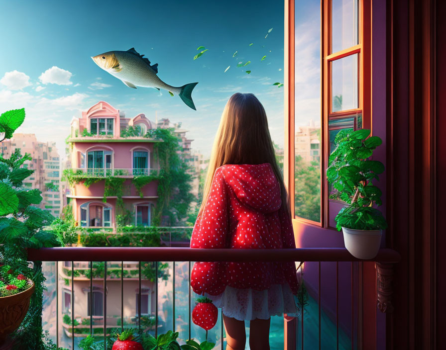 Girl in Red Polka-Dot Dress on Balcony with Flying Fish and Pink Building