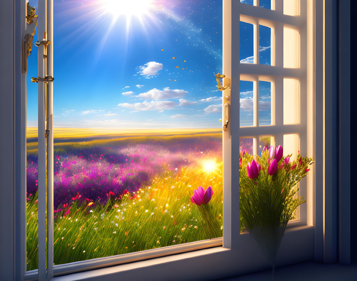 Vibrant field with purple flowers seen through open window