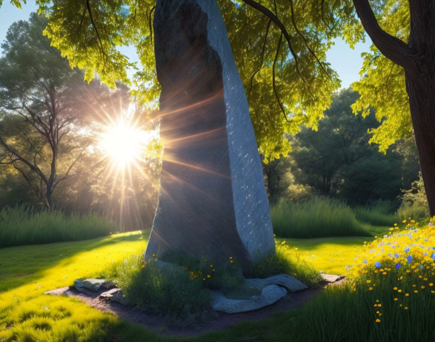 Park landscape with standing stone, trees, green grass, and wildflowers