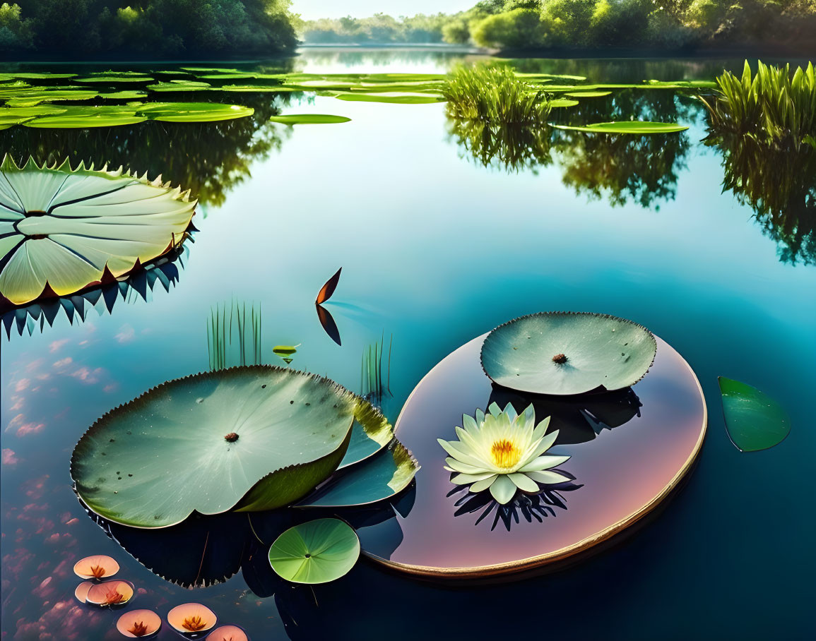 Tranquil sunrise scene with lotus leaves, flowers, and butterfly at a serene lake