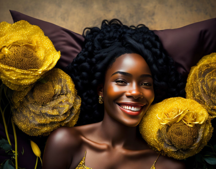 Dark-haired woman smiling among large yellow flowers on pillows