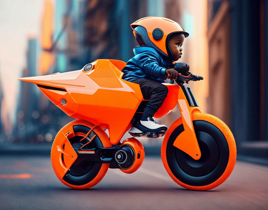 Child in blue jacket and orange helmet rides mini-motorbike in urban setting