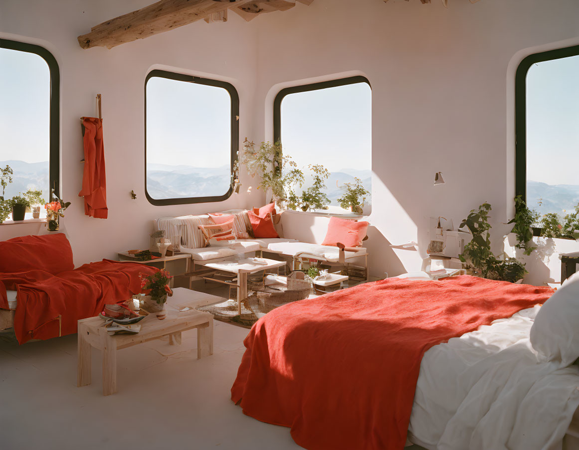 Bright and Cozy Room with Large Windows, White Walls, Red Bed, and Scenic Views