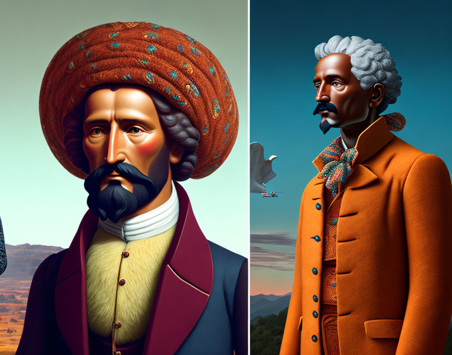 Stylized portraits of men in historical attire with serene landscapes