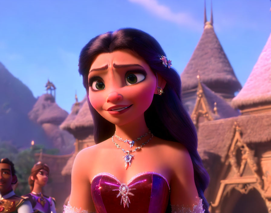 Female character with large eyes in royal gown against castle backdrop