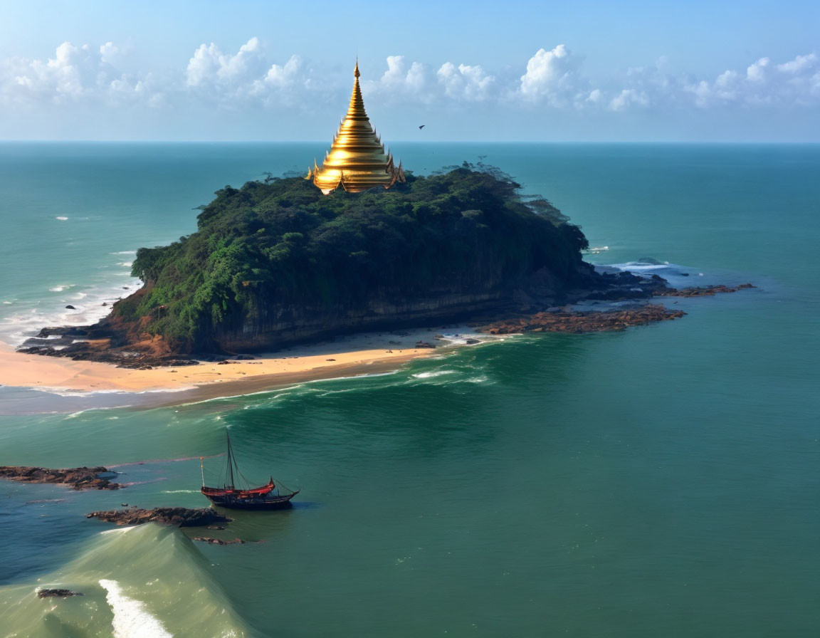 Golden pagoda on lush green island with sailboat and sea waves