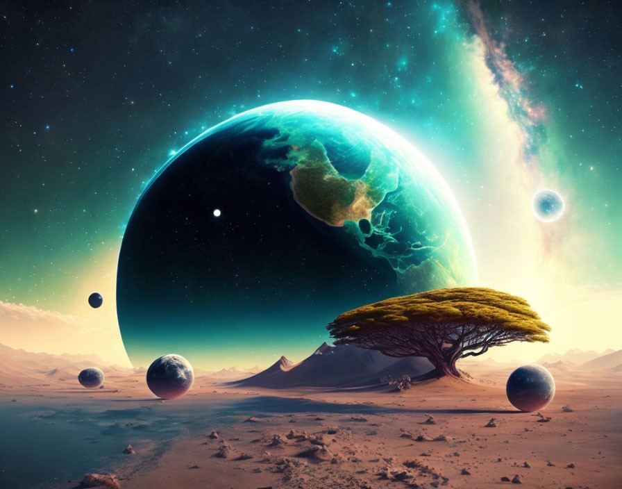 Surreal space landscape with desert, lone tree, and giant planets.