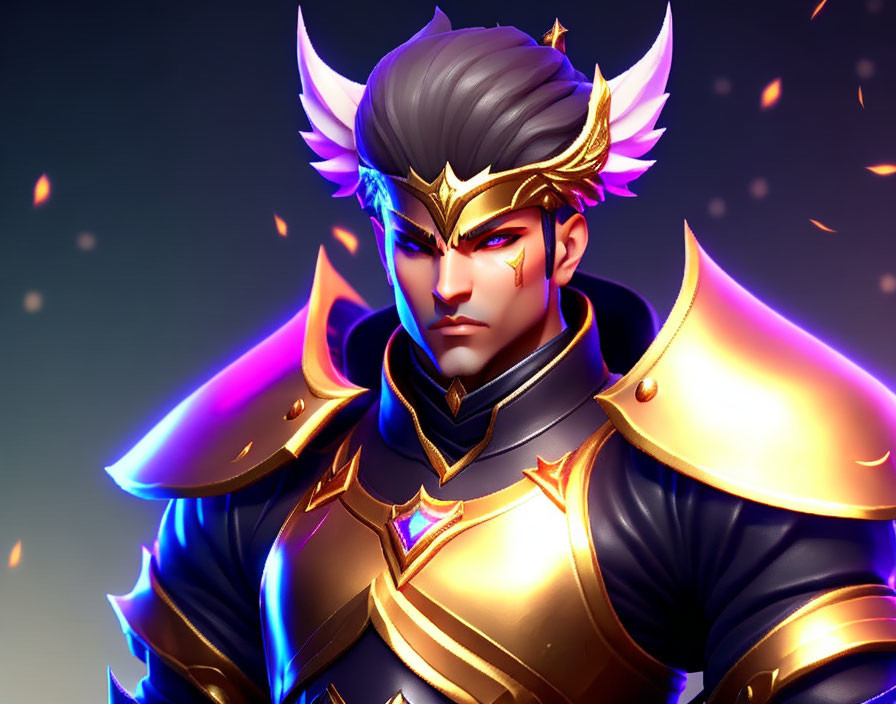 Warrior illustration with golden armor and horns, featuring a scar under his left eye