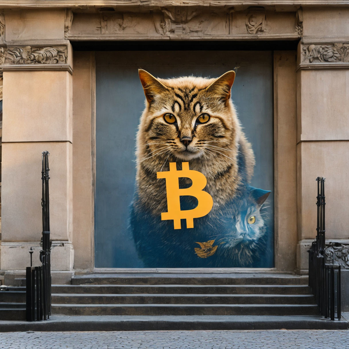 Urban mural features cat and bird with Bitcoin symbol