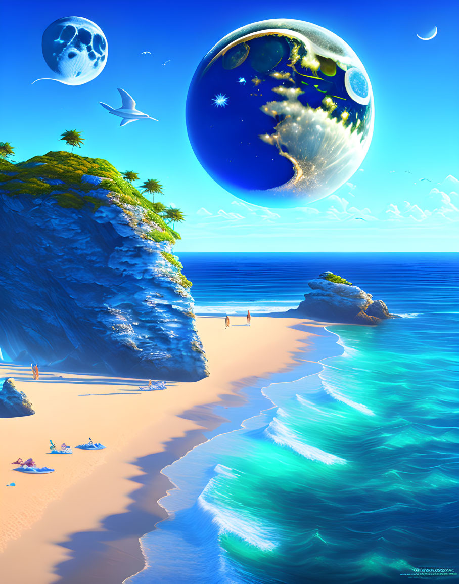 Fantastical beach scene with turquoise waters, cliff, people, and celestial bodies