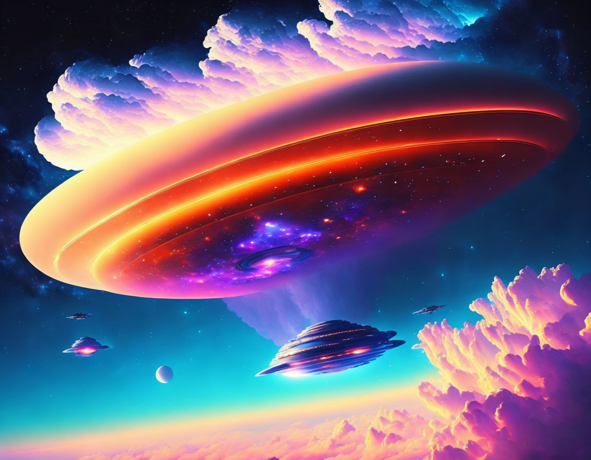 Colorful UFO hovering in starry sky with pink clouds and smaller flying objects