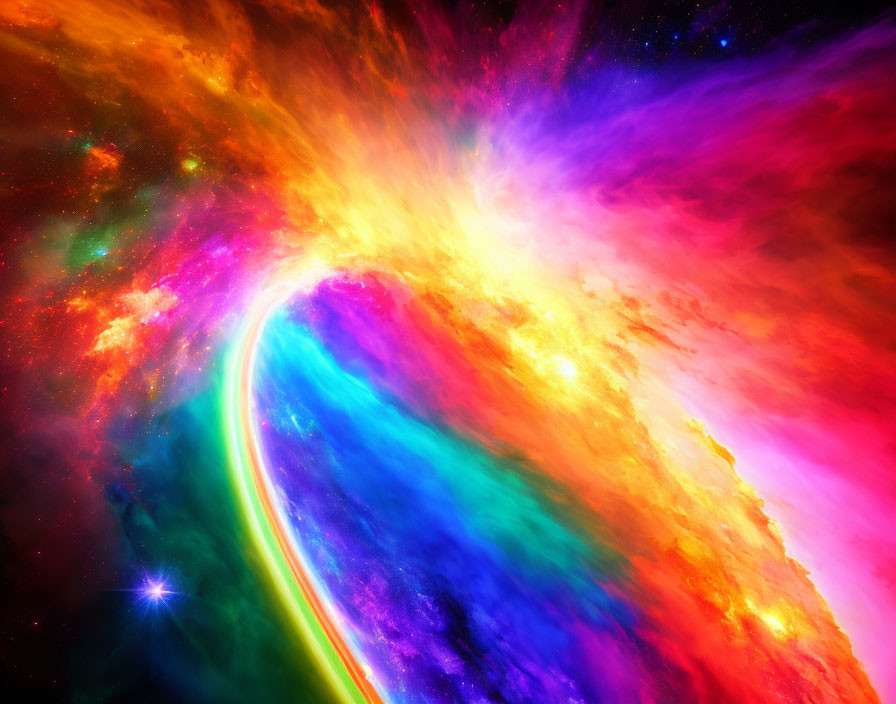 Colorful Swirling Cosmic Scene with Intense Blues, Purples, Oranges, and Y