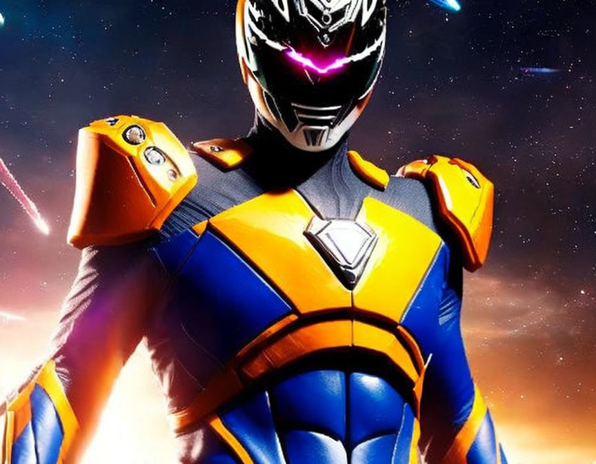 Futuristic orange and blue armored suit with glowing purple visor against starry sky