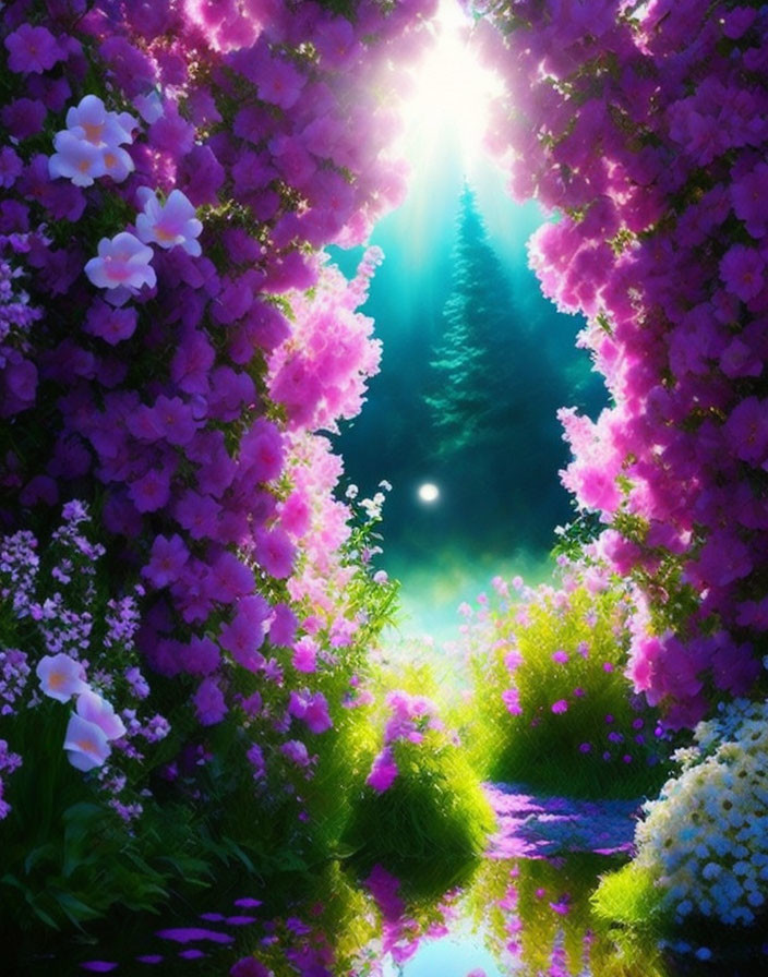 Lush Pink Flower Garden Pathway with Sunlight Beam