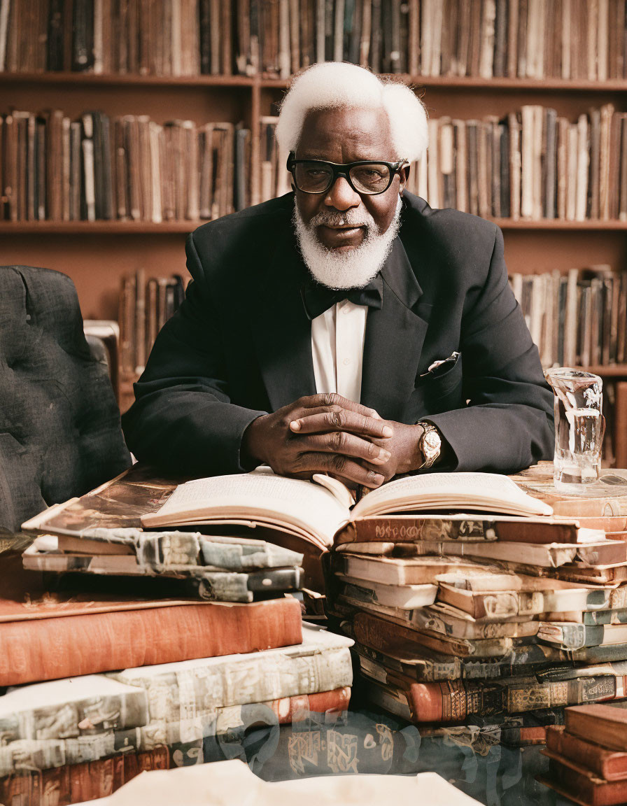 Elderly gentleman with white hair and beard at desk surrounded by books and water glass