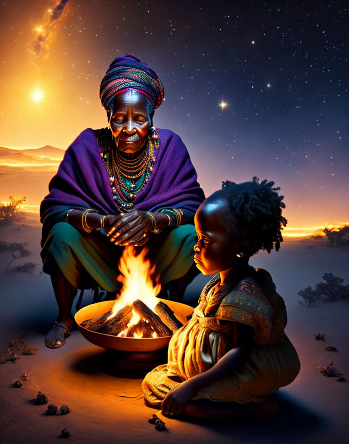 Elderly woman and child by fire at dusk with stars in twilight sky