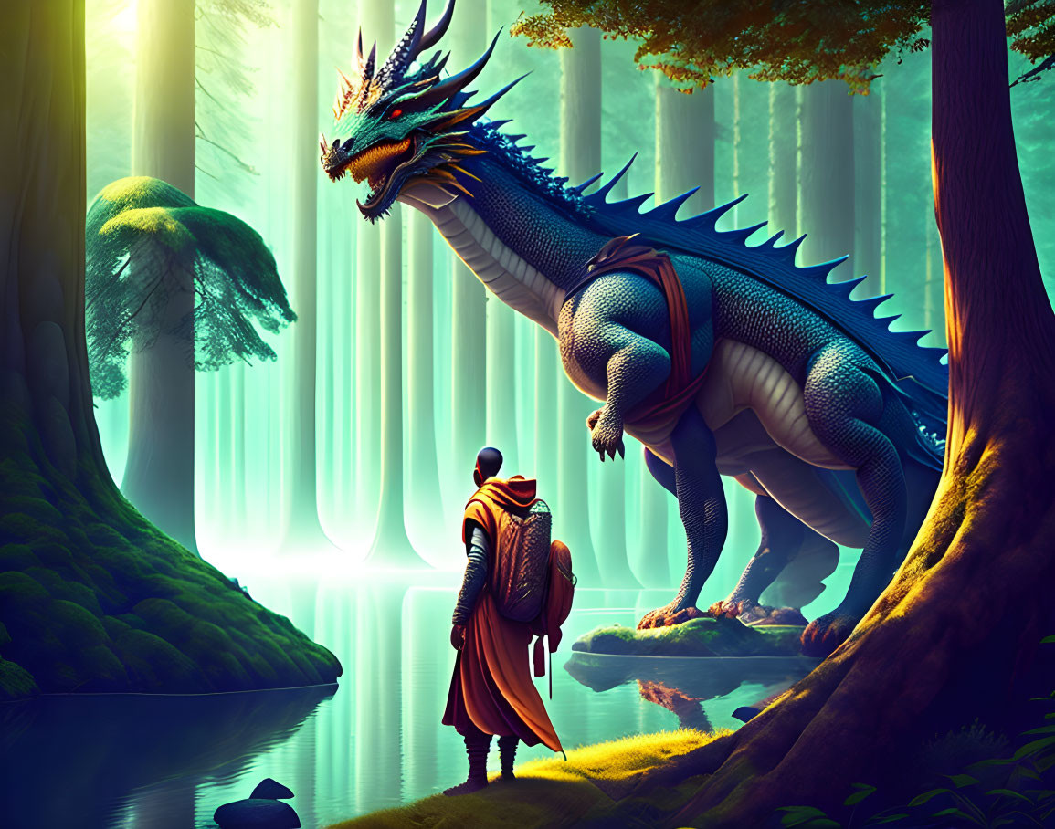 Cloaked figure faces blue dragon in mystical forest