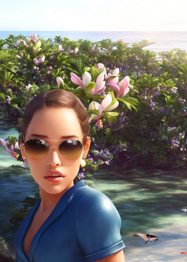 Digital Artwork: Woman with Sunglasses Posing in Front of Blooming Flowers and Beach