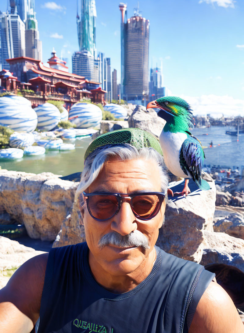 Elderly Man with Sunglasses and Mustache in City Skyline Scene