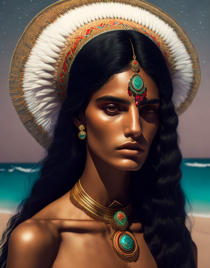 Striking woman in ornate headdress and jewelry on beach at night