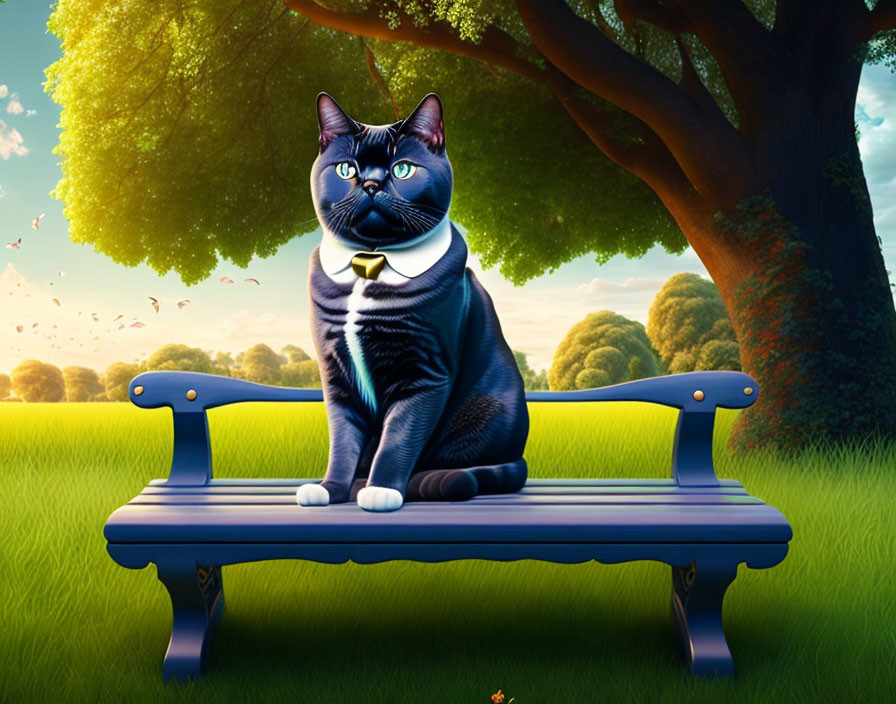 Blue-eyed animated cat with white collar on blue bench in lush park