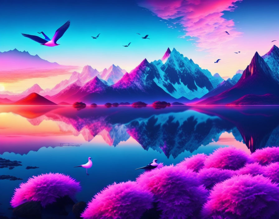 Colorful landscape with pink foliage, purple mountains, serene lake, and birds at sunrise or sunset