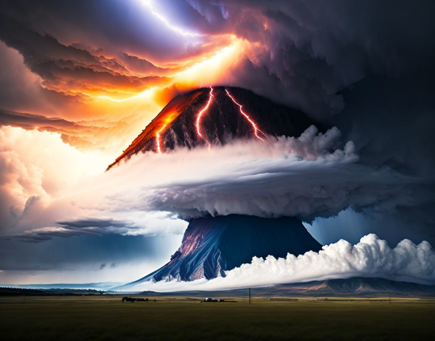 Volcano erupting under stormy sky with lightning and ethereal sun glow