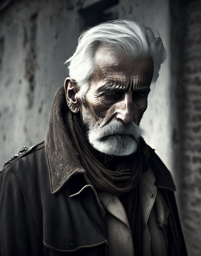 Elderly man with white hair and full beard in dark jacket and scarf