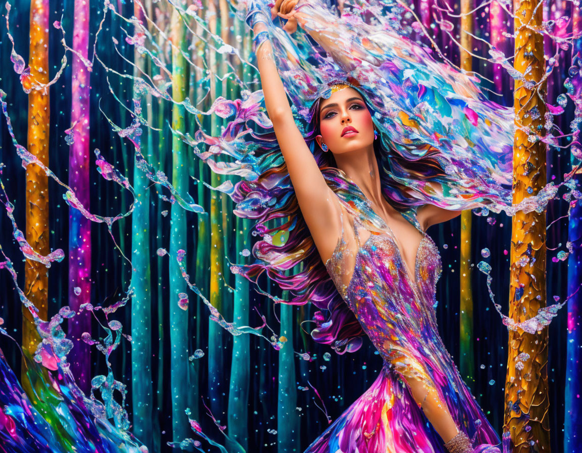 Colorful Woman in Flowing Dress Surrounded by Bead-like Strands