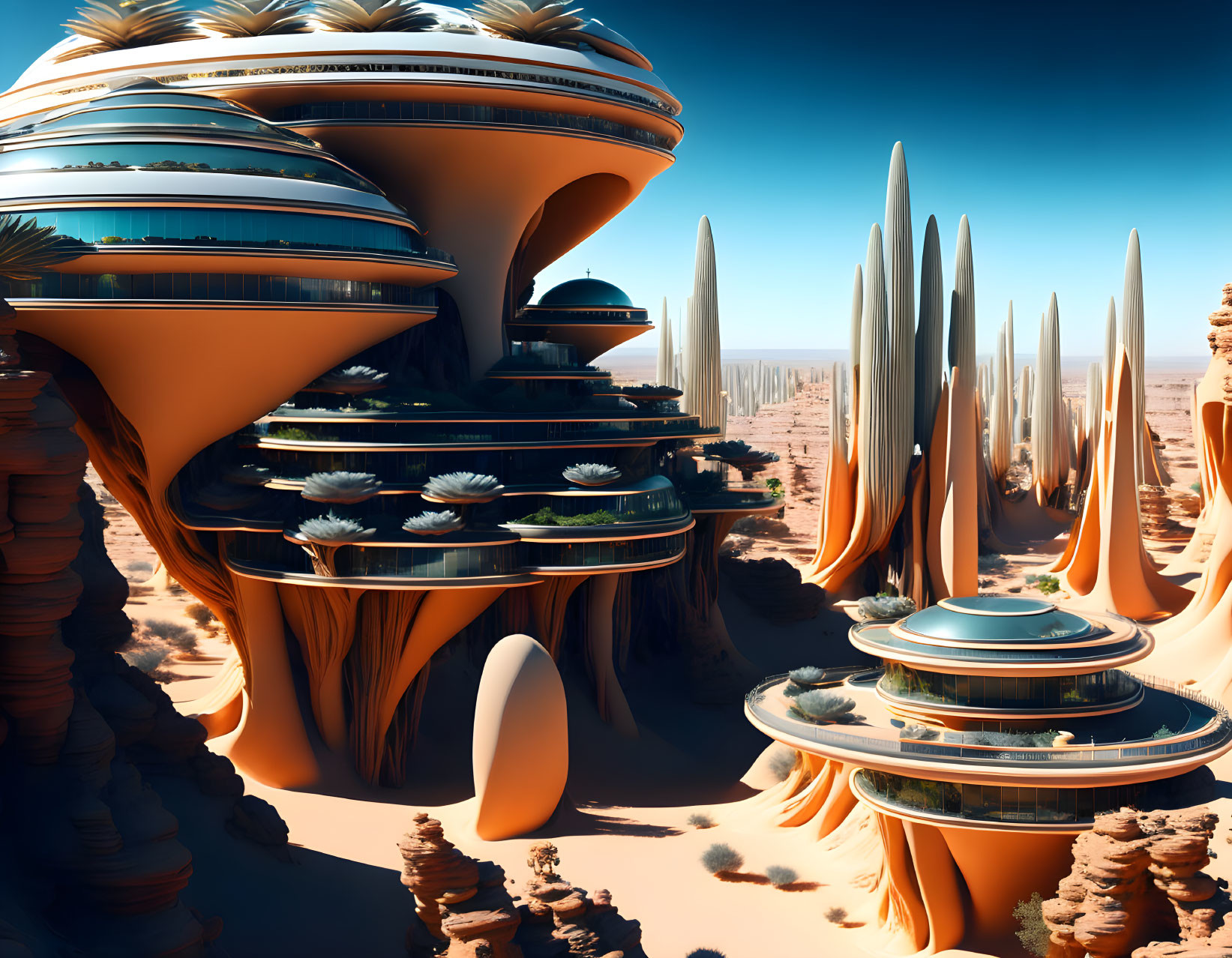 Futuristic desert city with towering spire-like structures and layered buildings under clear blue sky