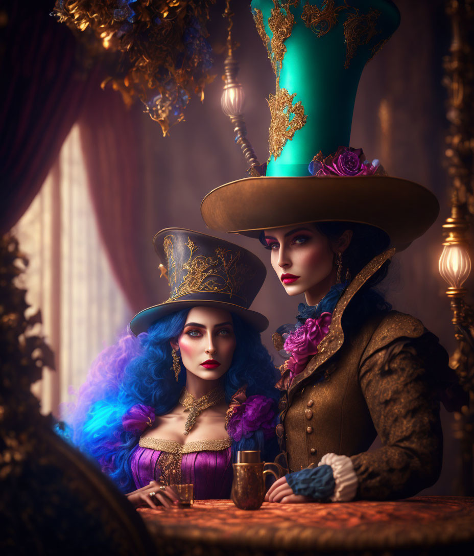 Vintage-inspired individuals in blue and green outfits with top hats in elegant pose.