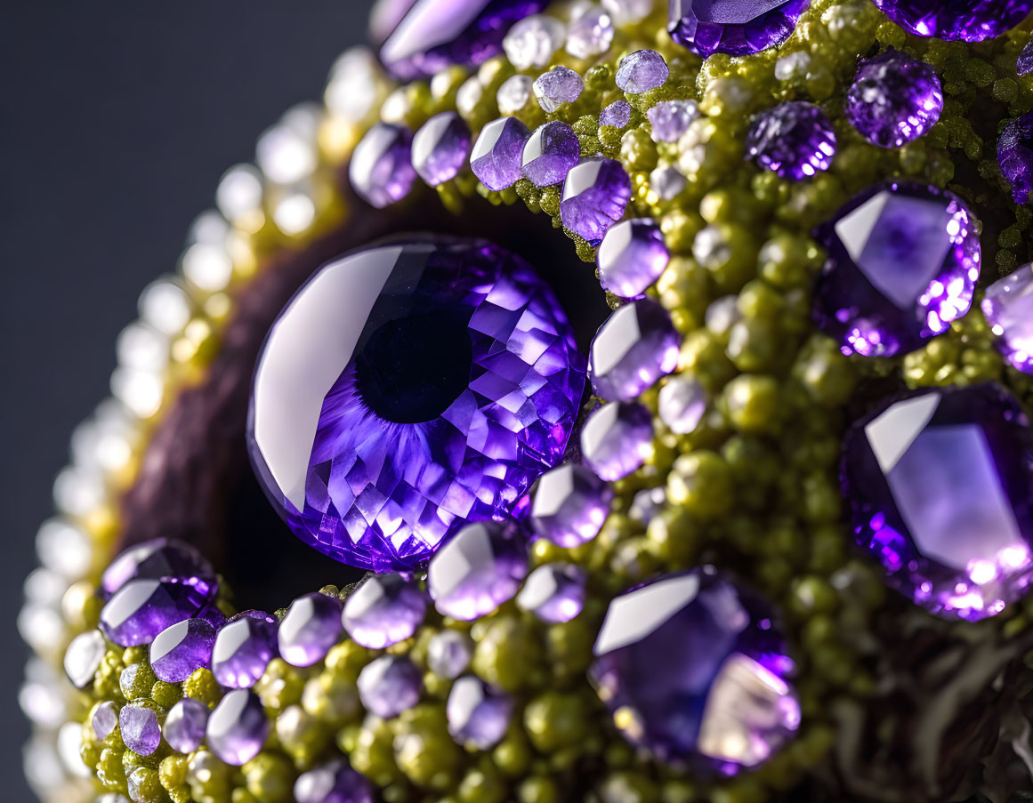 Detailed close-up of central purple gemstone with surrounding crystals and green bead detailing on dark background.