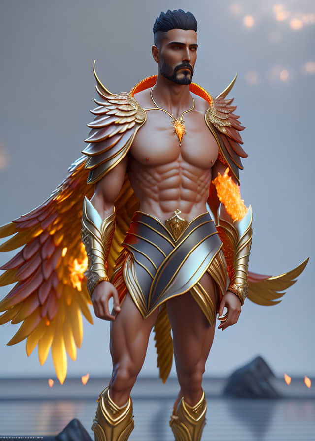 Muscular man in golden armor with fiery wings against soft-lit backdrop