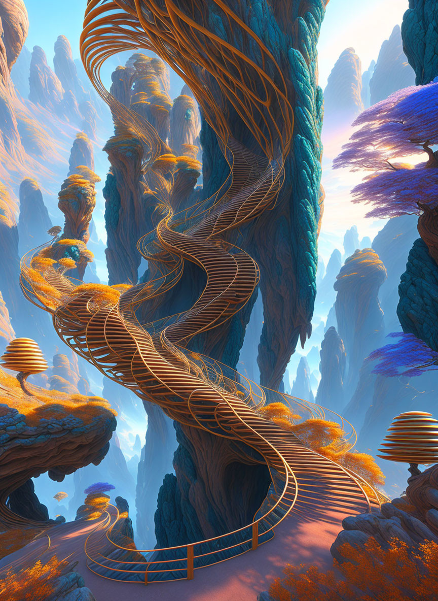 Fantastical landscape with towering rock formations and golden pathways