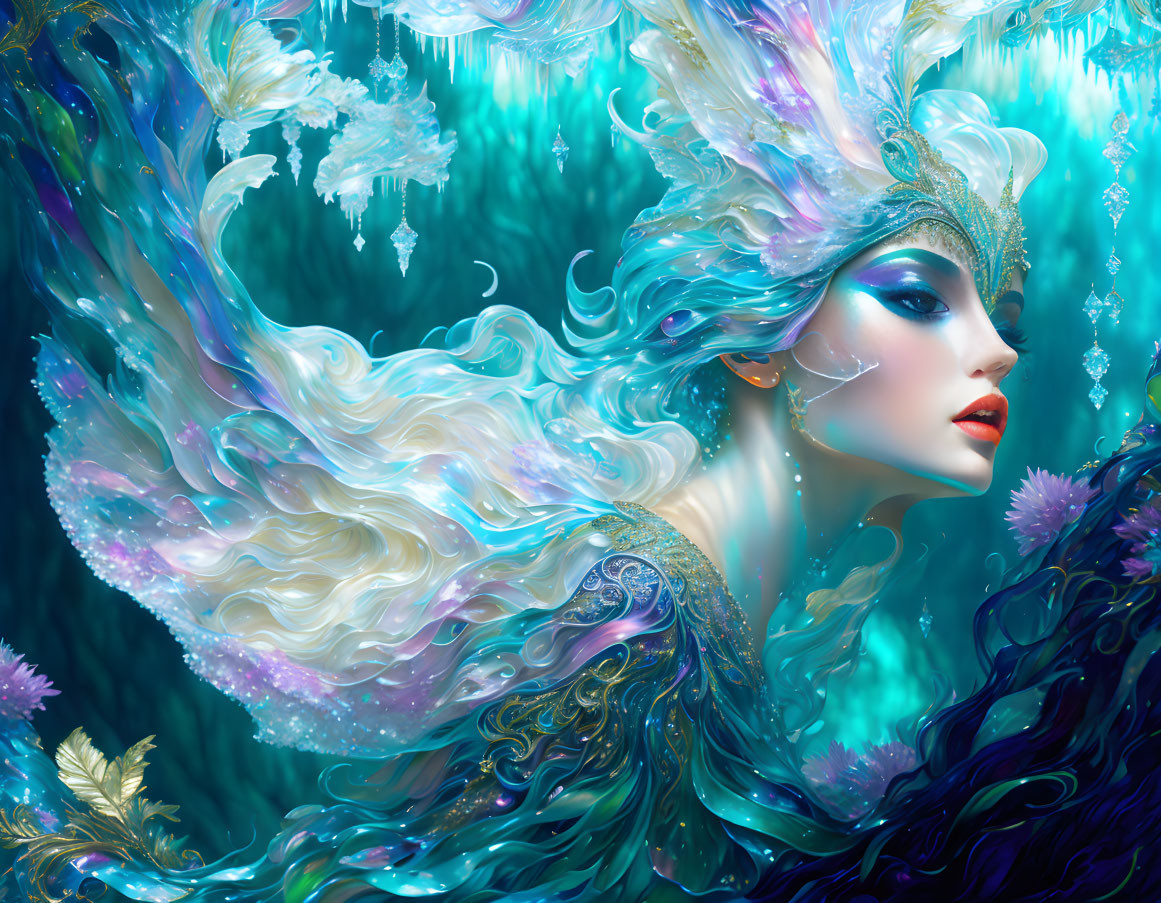 Ethereal woman with wavy hair and jeweled headdress in underwater scene