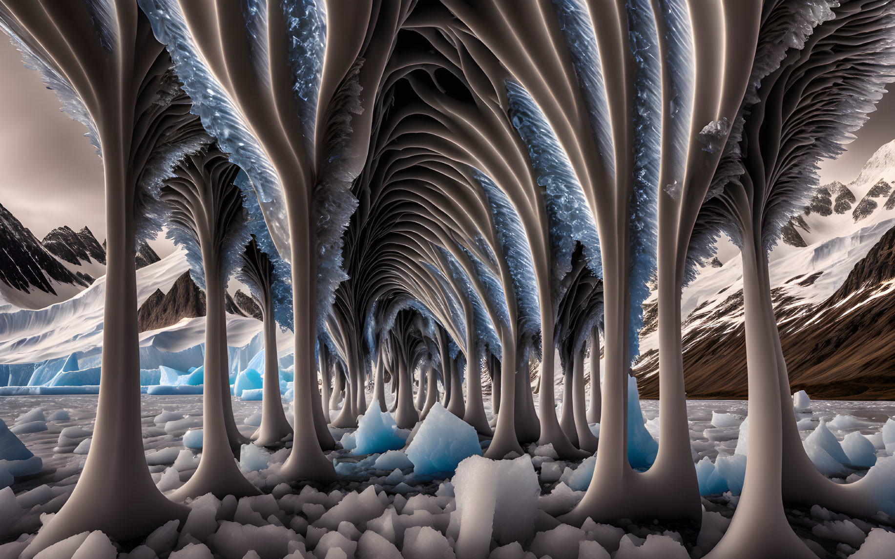 Glacier ice arches surrounded by mountains