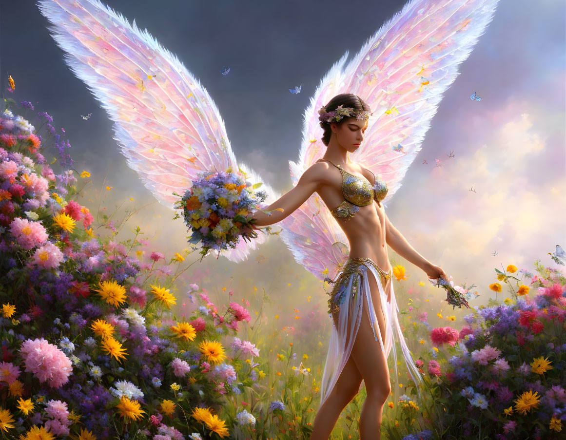 Ethereal being with iridescent wings among vibrant flowers and bouquet.