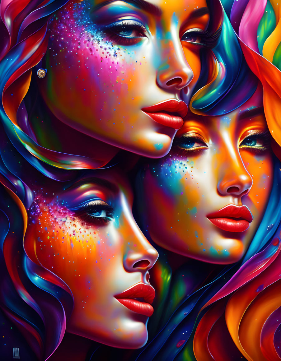 Colorful digital art: Three overlapping female faces with cosmic textures