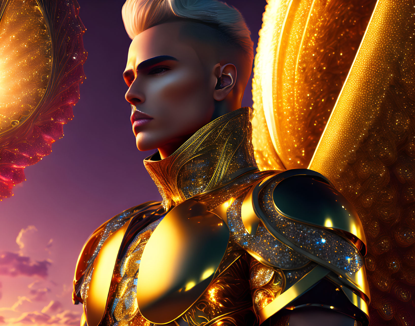 Futuristic warrior in golden armor with wings on vibrant sunset backdrop