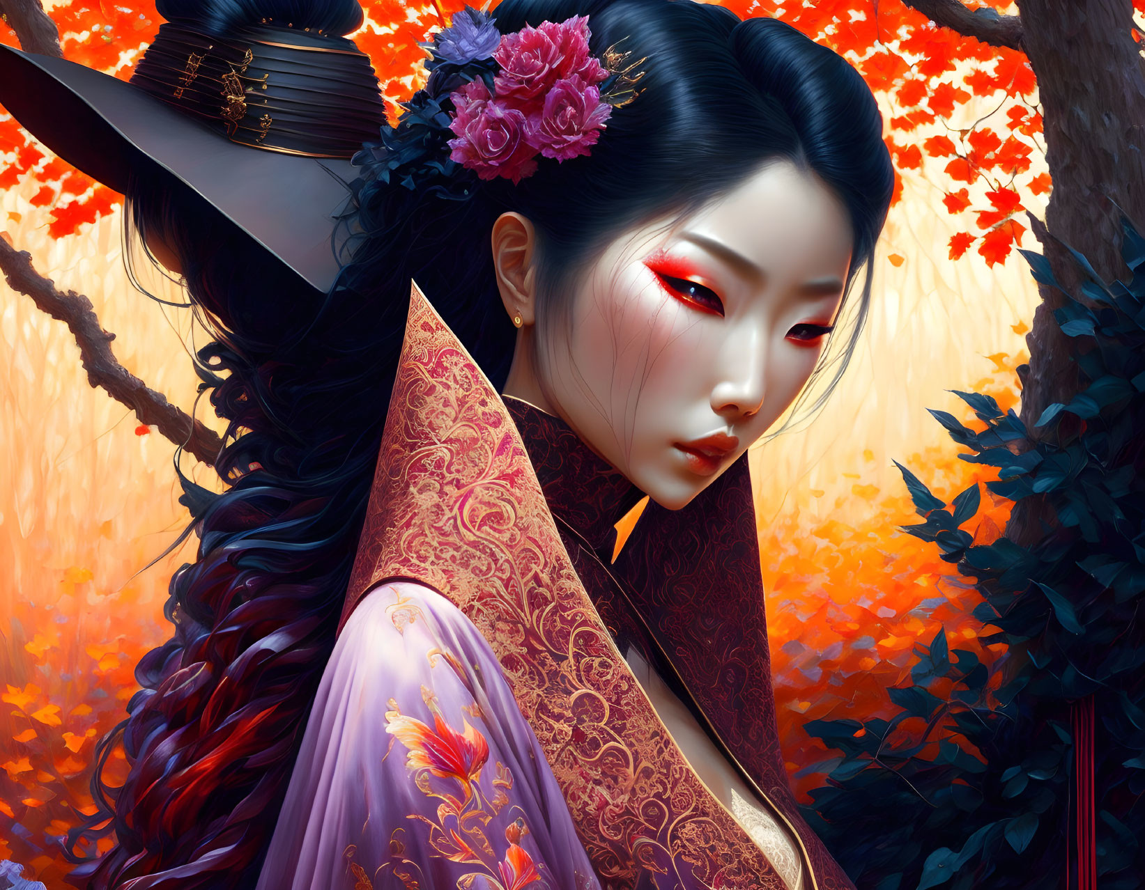 Asian woman in traditional attire with red eyes against autumn backdrop