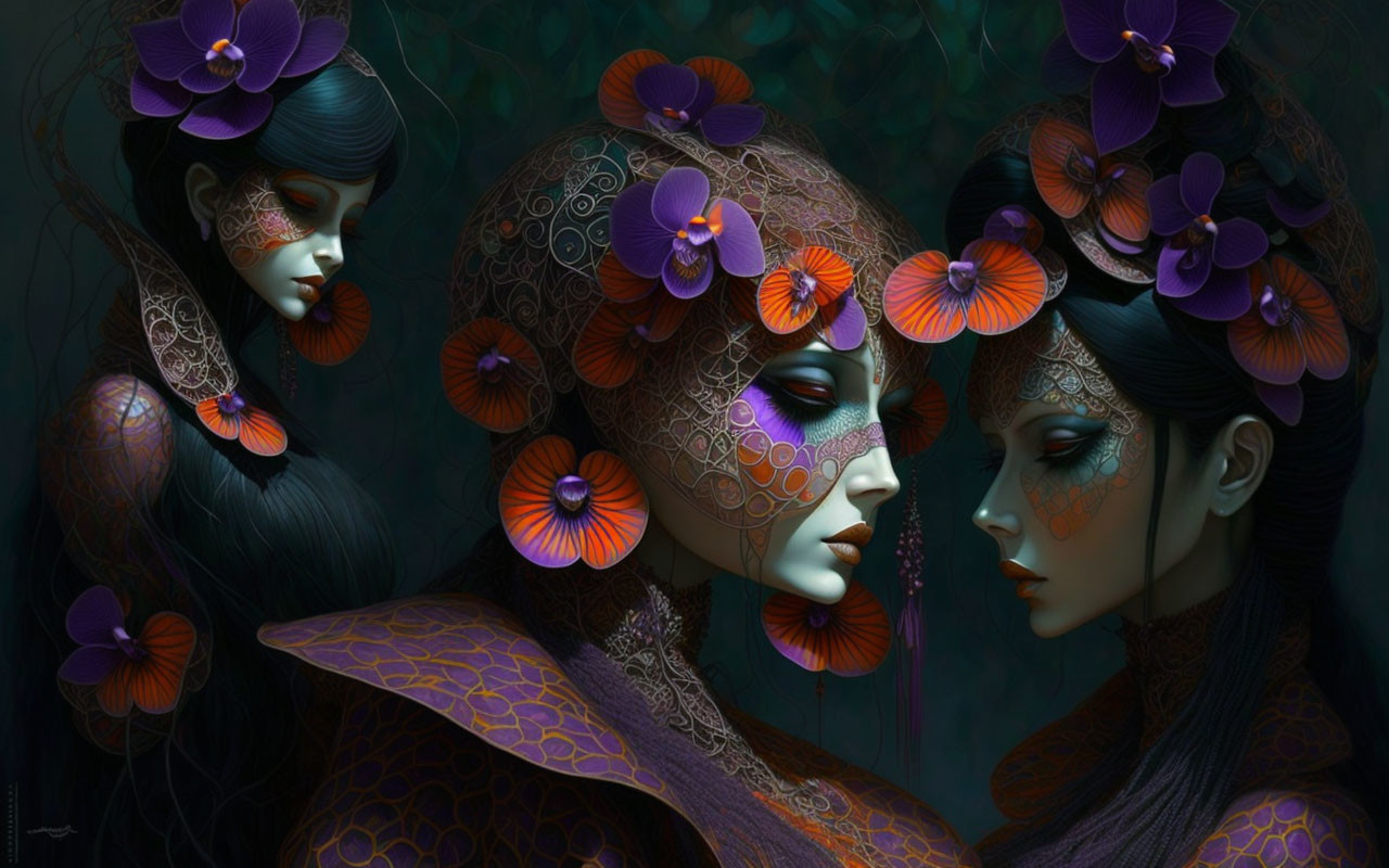 Three stylized women with purple floral accessories and patterned skin on dark background