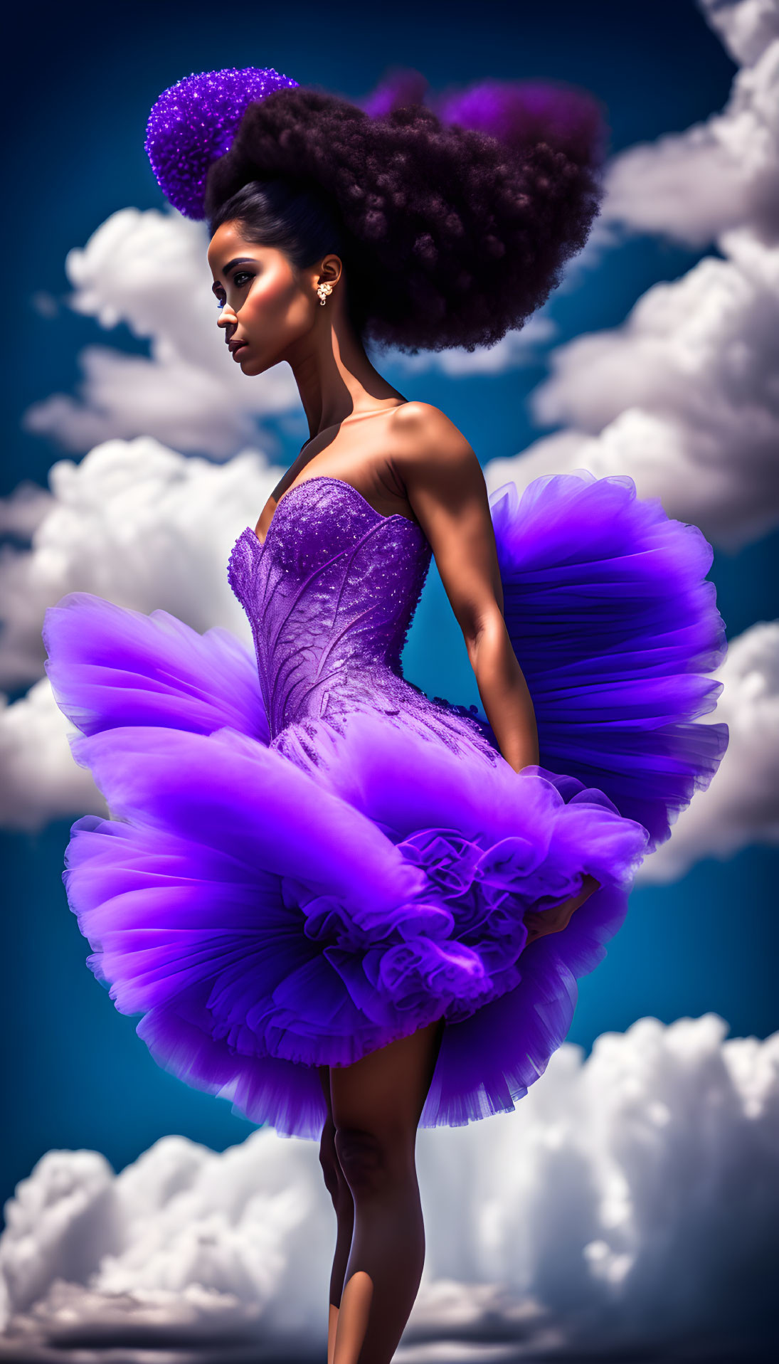 Woman with voluminous afro and purple headpiece in dynamic purple dress against blue sky and white clouds