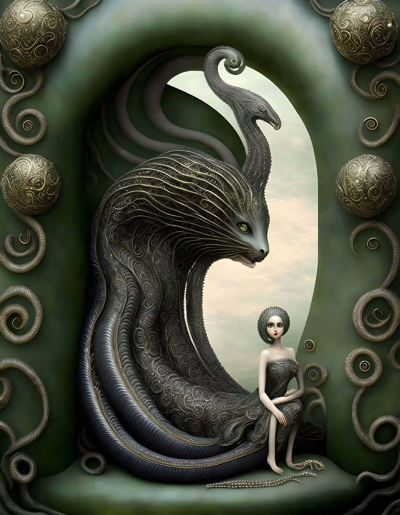 Surreal image of woman and serpentine creature in ornate frame