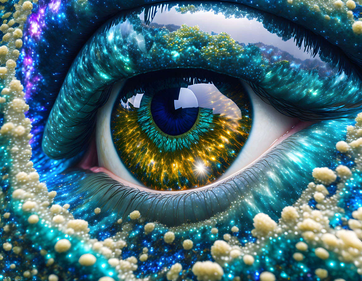 Detailed eye with cosmic galaxy and underwater coral reef in iris