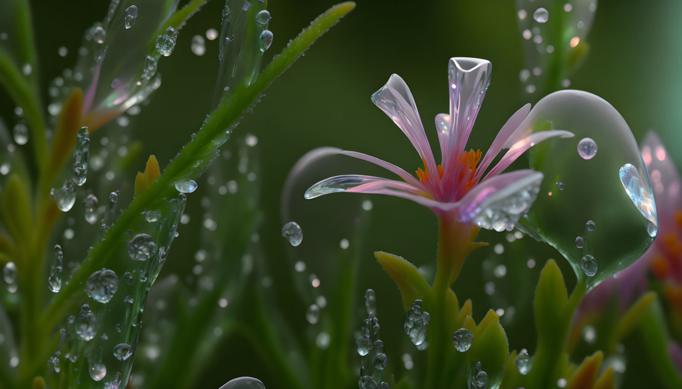 Pink flower with dew-covered greenery and bubble-like spheres for dreamy atmosphere.