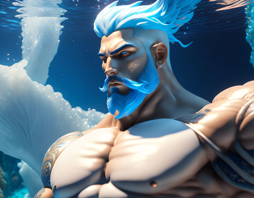 Blue-haired muscular animated character with tattoos submerged in water